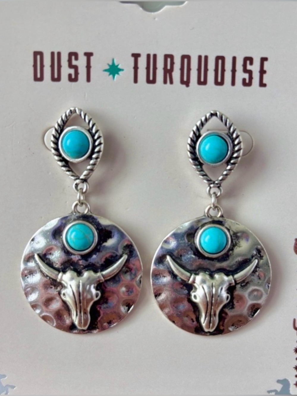 Dust Turquoise Western bullhead,,turquoise round stones dangle,post,silvertone
